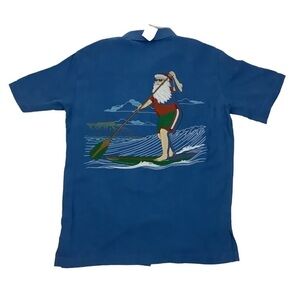 NWT Tori Richard Sz XS Paddle Boarding Santa Claus Shirt Blue Silk Lyocell